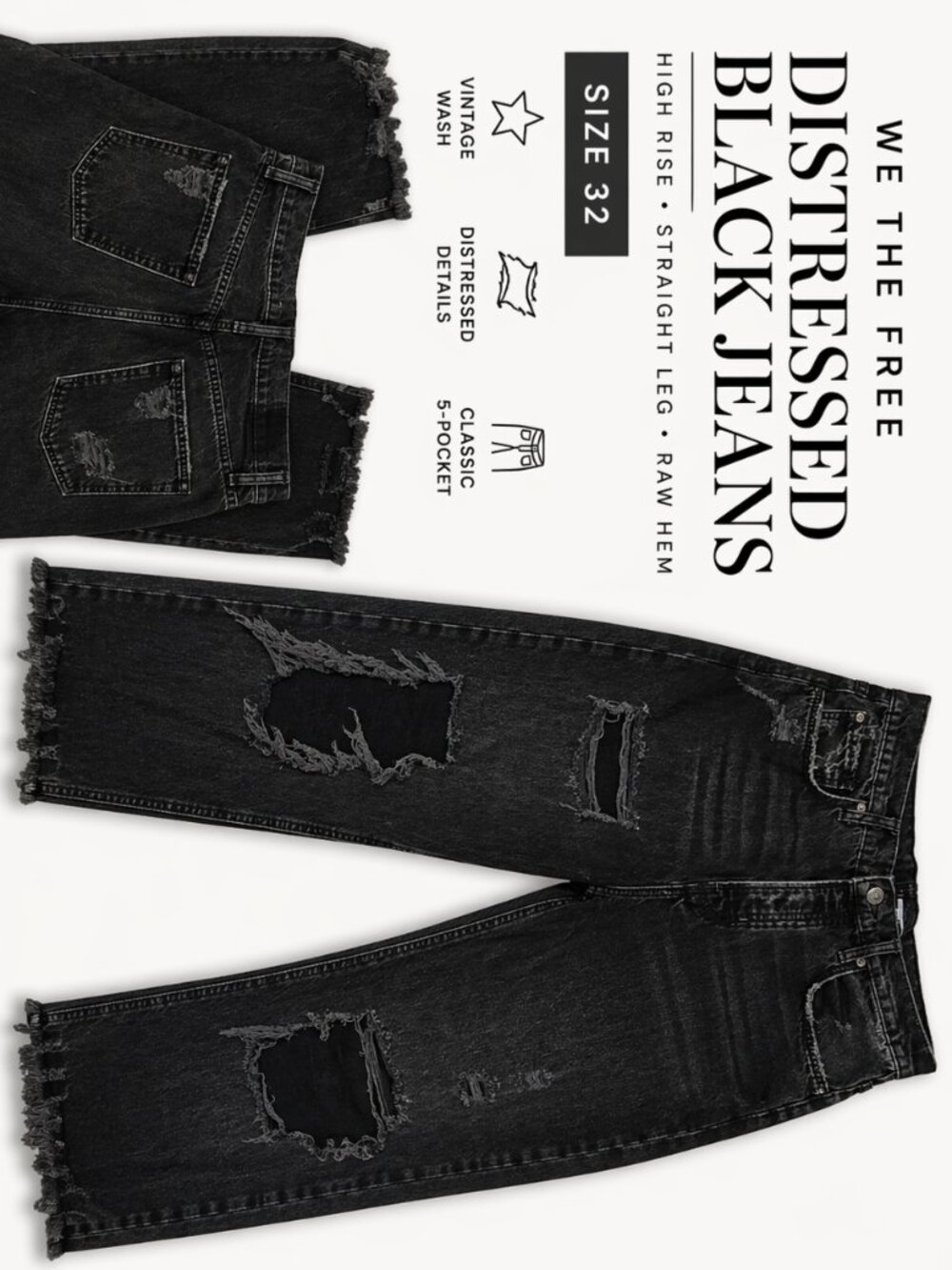 ✨We The Free Distressed Black Jeans Size 32 – High Rise Straight Leg Raw Hem